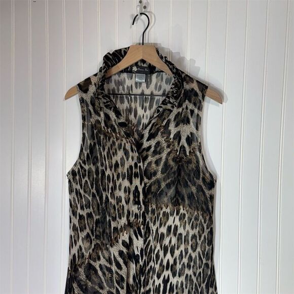 Damee Inc Leopard Sheer Top L Wire Ruffle Collar Mesh Sleeveless Y2K Boho - Picture 2 of 8